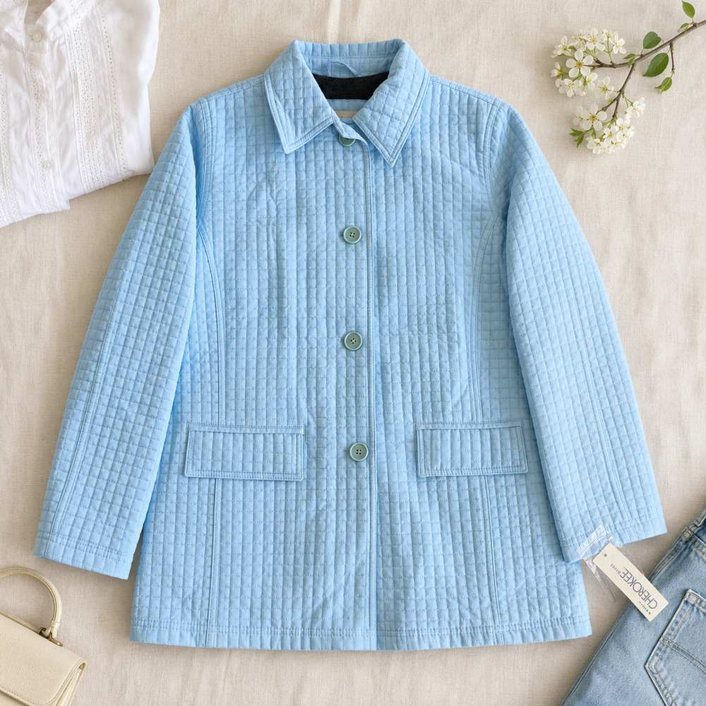 Vintage Cherokee Quilted Jacket Women Small Baby Blue Button Front Coat NWT